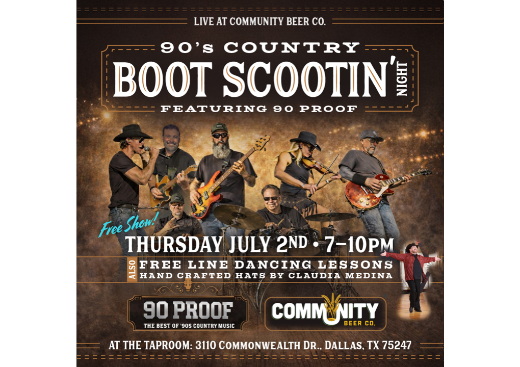 Line Dancing and 90 Proof at Community Beer on July 2nd